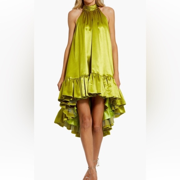 Mac Duggal Keyhole High Neck Satin Ruffle Hem Mini Dress Apple Green - Picture 1 of 7